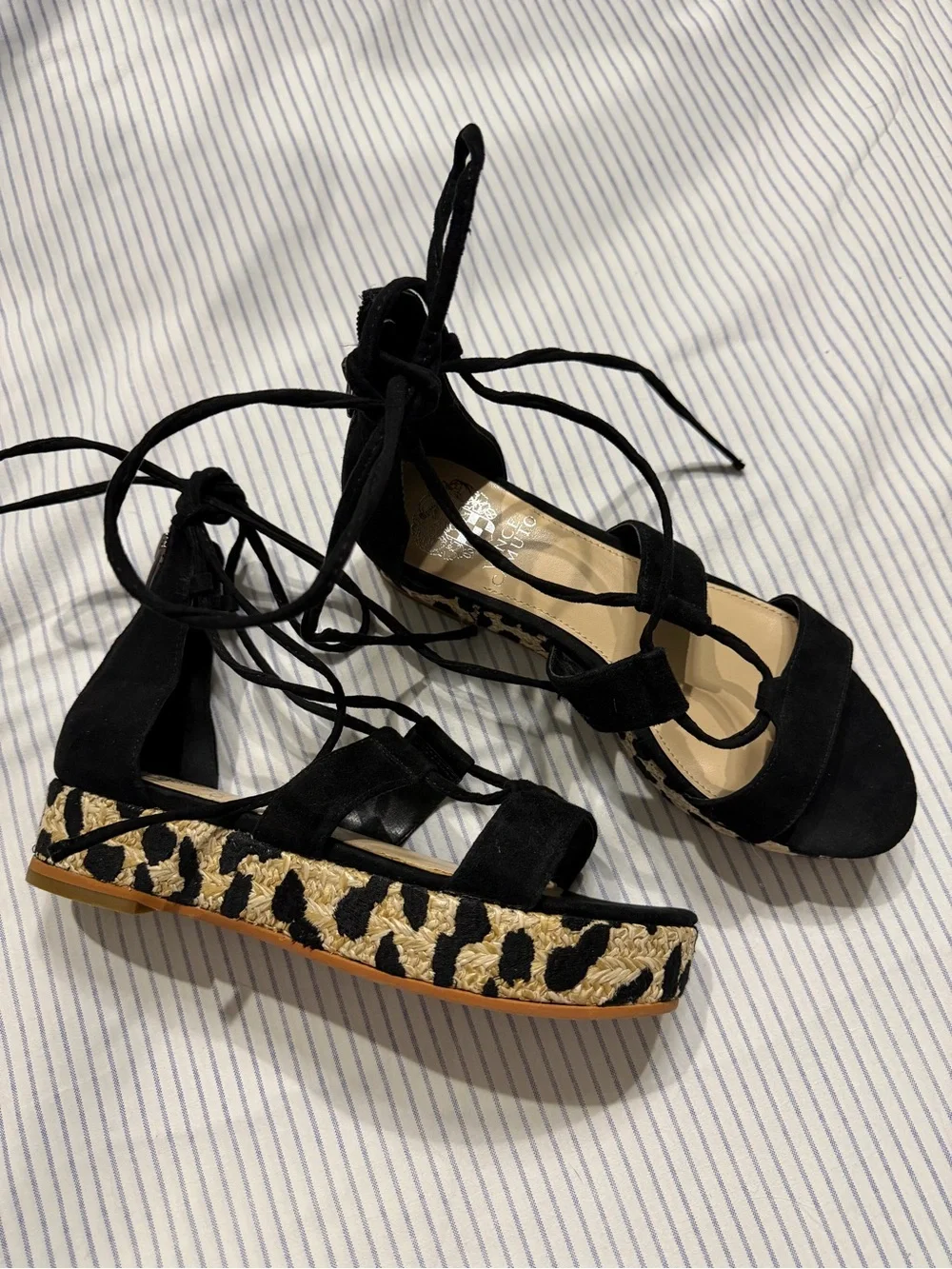 Vince Camuto Black Suede Lace-Up Platform Wedges with Leopard Trim